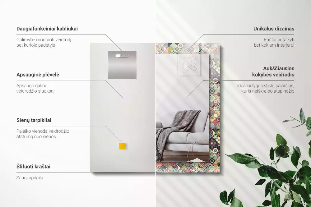 Négyszögletes dísztükör Színes patchwork minták