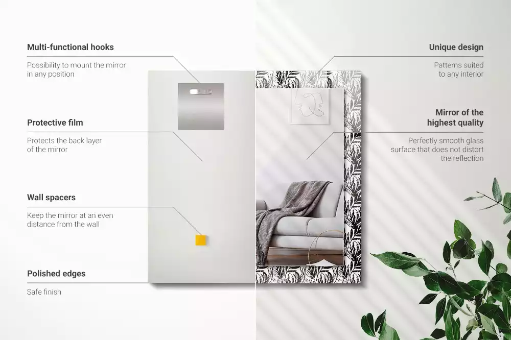 Négyszögletes dísztükör Fekete-fehér levelek