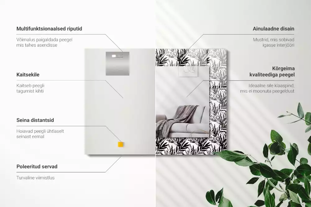 Négyszögletes dísztükör Fekete-fehér levelek