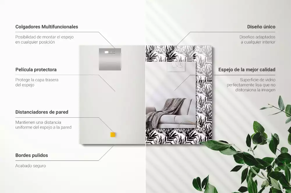 Négyszögletes dísztükör Fekete-fehér levelek