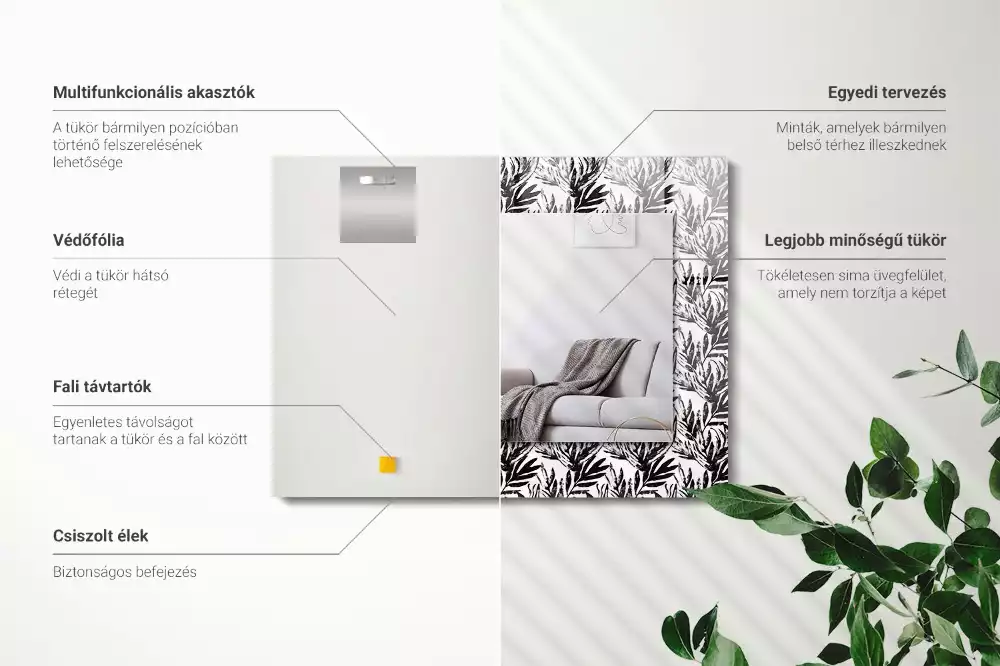 Négyszögletes dísztükör Fekete-fehér levelek