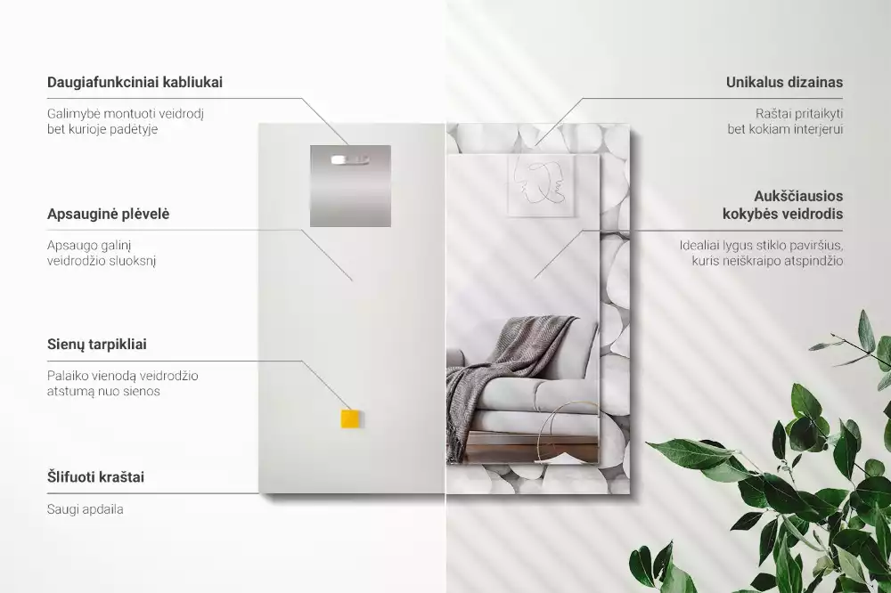 Négyszögletes tükör fali dísz Fehér sima kövek