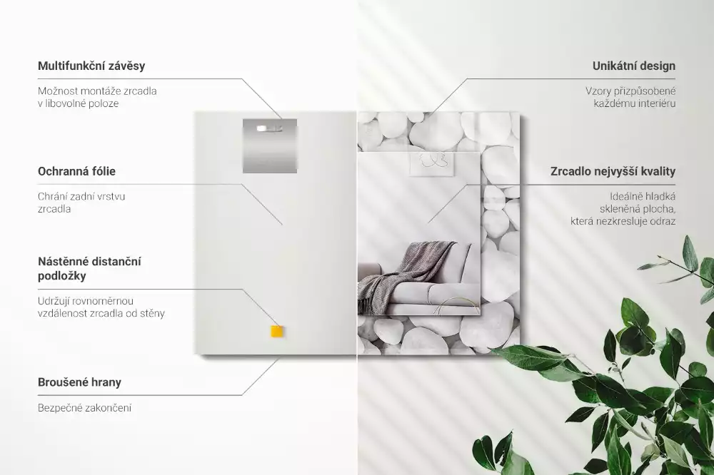 Négyszögletes tükör fali dísz Fehér sima kövek