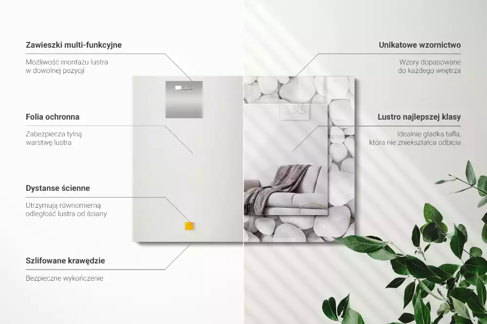 Négyszögletes tükör fali dísz Fehér sima kövek