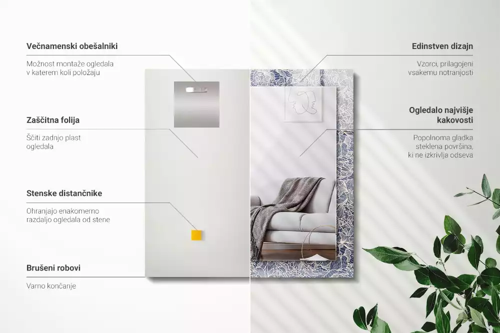 Négyszögletes dísztükör Virágos szövetmintás