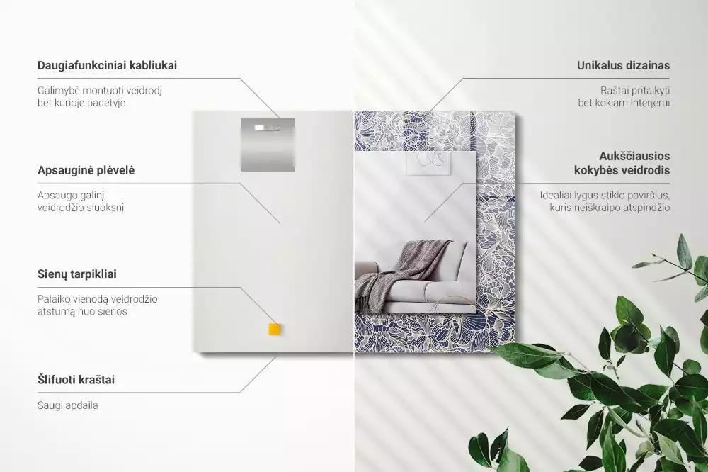 Négyszögletes dísztükör Virágos szövetmintás