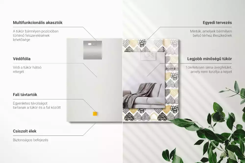 Négyszögletes dísztükör Színes szívek