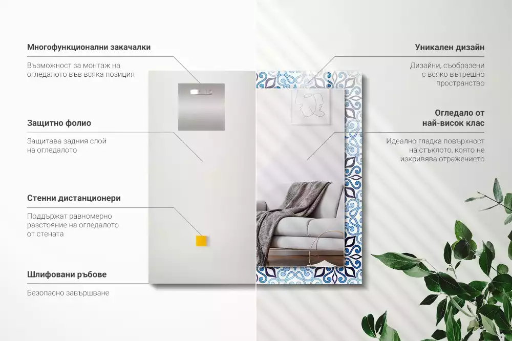 Négyszögletes dísztükör Kék dísz minta