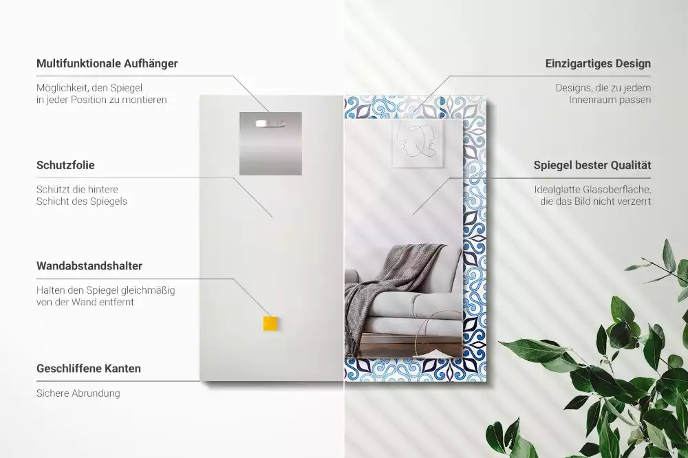 Négyszögletes dísztükör Kék dísz minta