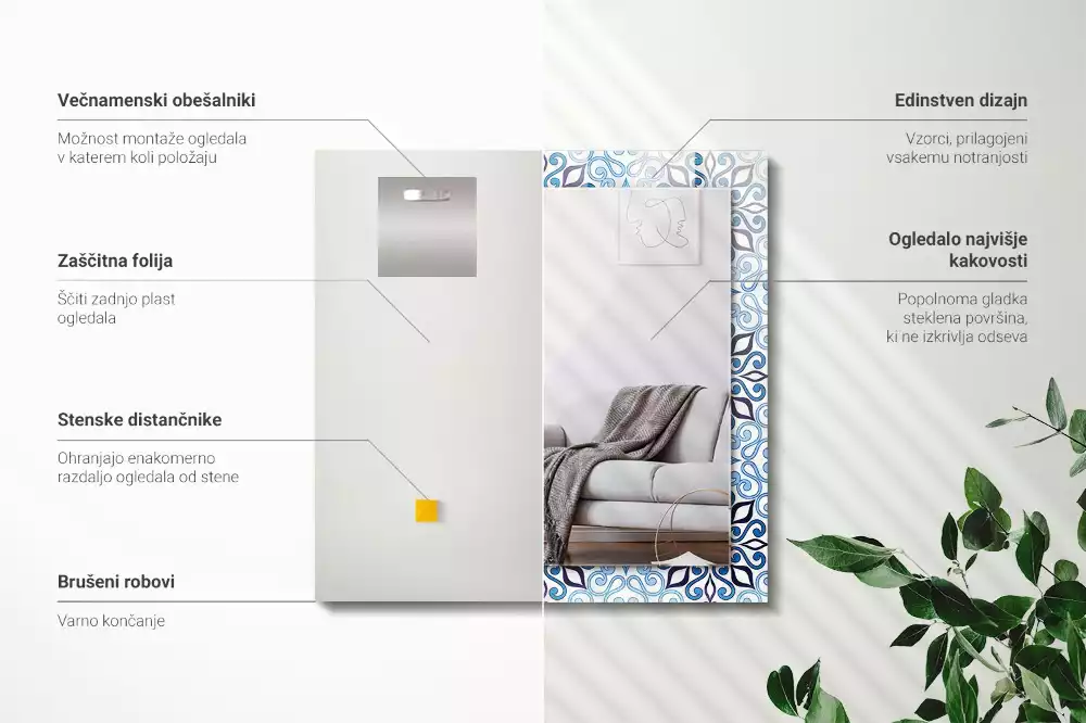 Négyszögletes dísztükör Kék dísz minta