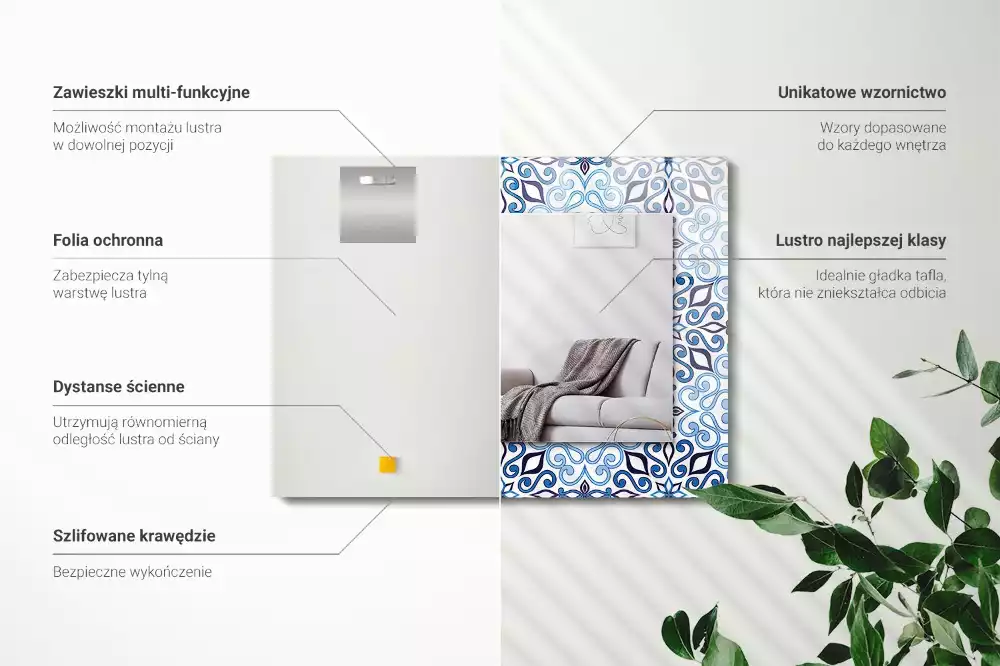 Négyszögletes dísztükör Kék dísz minta