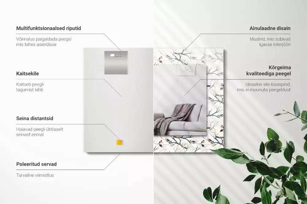 Négyszögletes dísztükör Madarak az ágakon