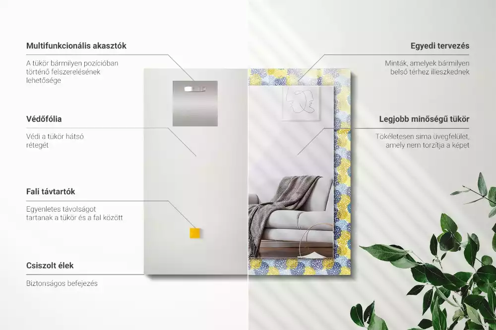 Négyszögletes dísztükör Színes virágmintás