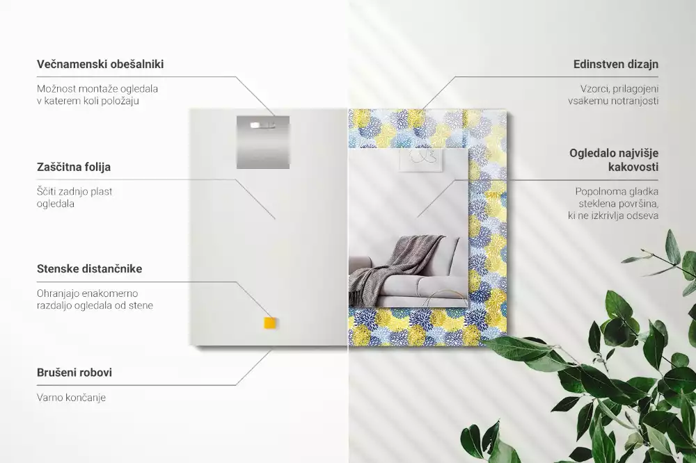 Négyszögletes dísztükör Színes virágmintás