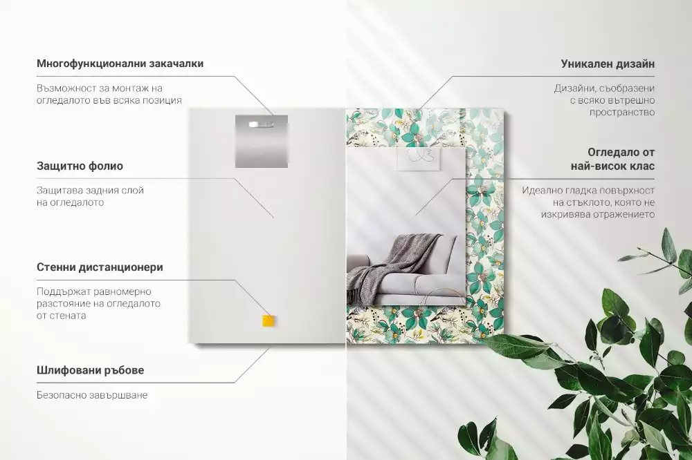 Négyszögletes dísztükör Madarak és virágok