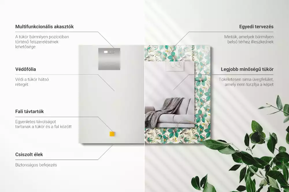 Négyszögletes dísztükör Madarak és virágok