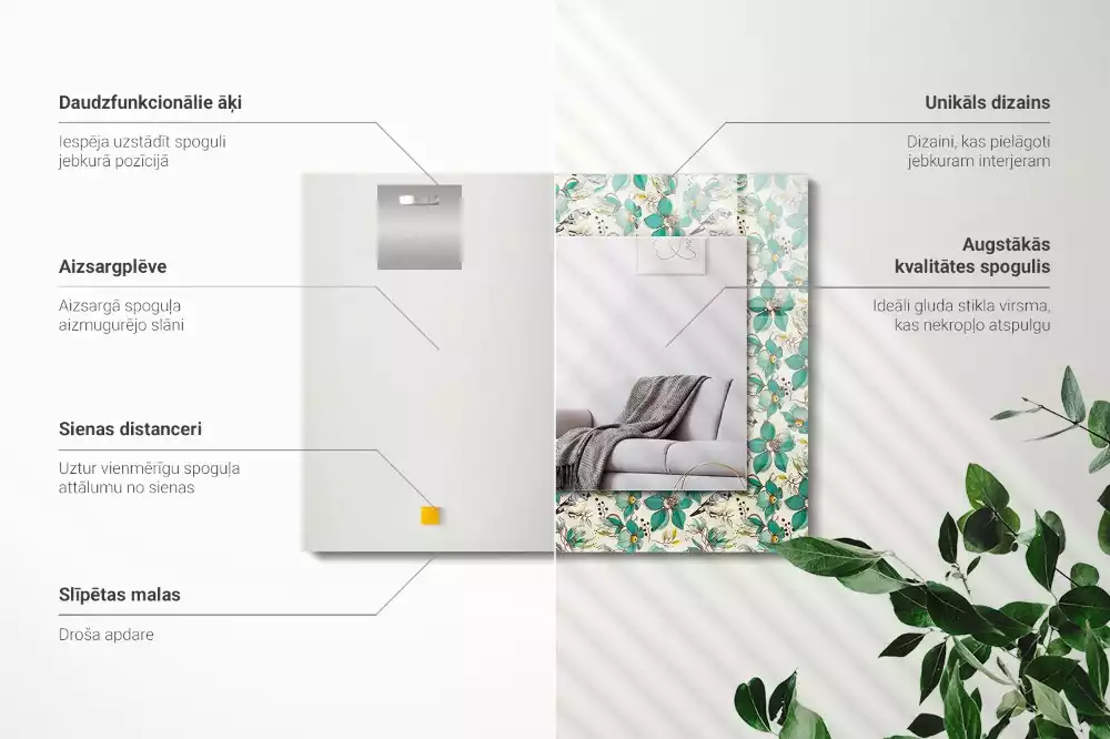 Négyszögletes dísztükör Madarak és virágok