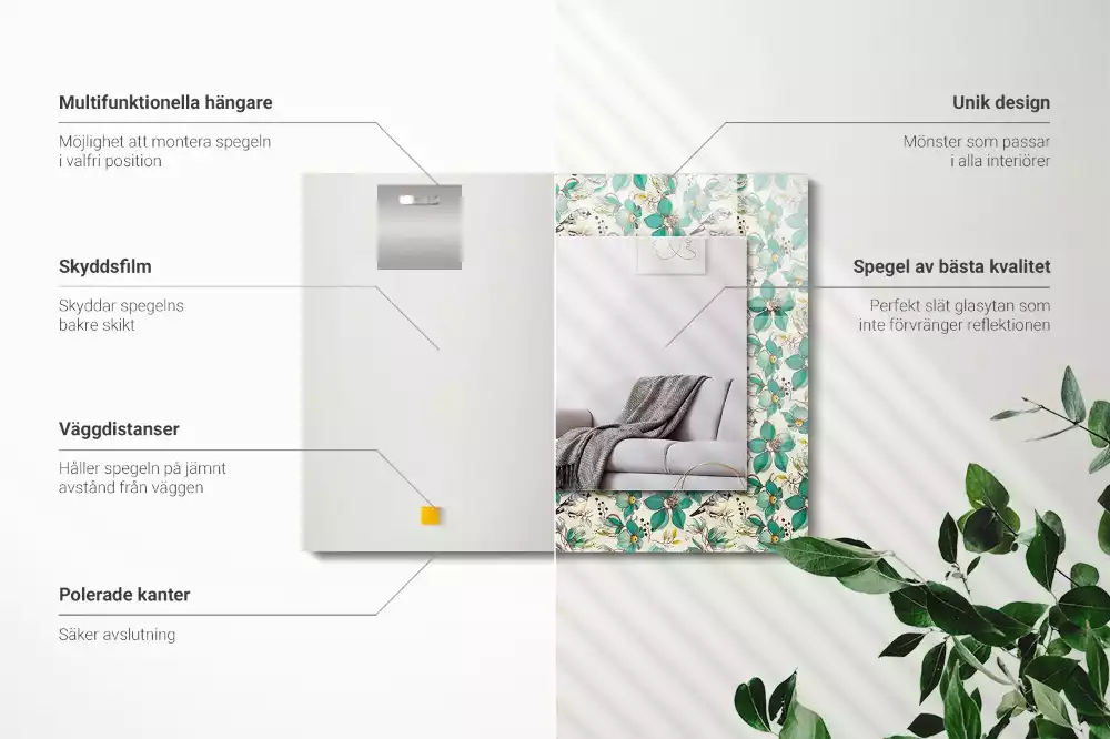 Négyszögletes dísztükör Madarak és virágok