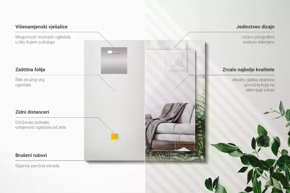 Négyszögletes dísztükör Zöld páfránylevelek