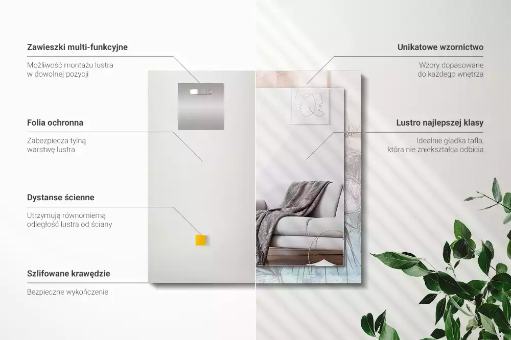 Négyszögletes dísztükör Pasztell növények