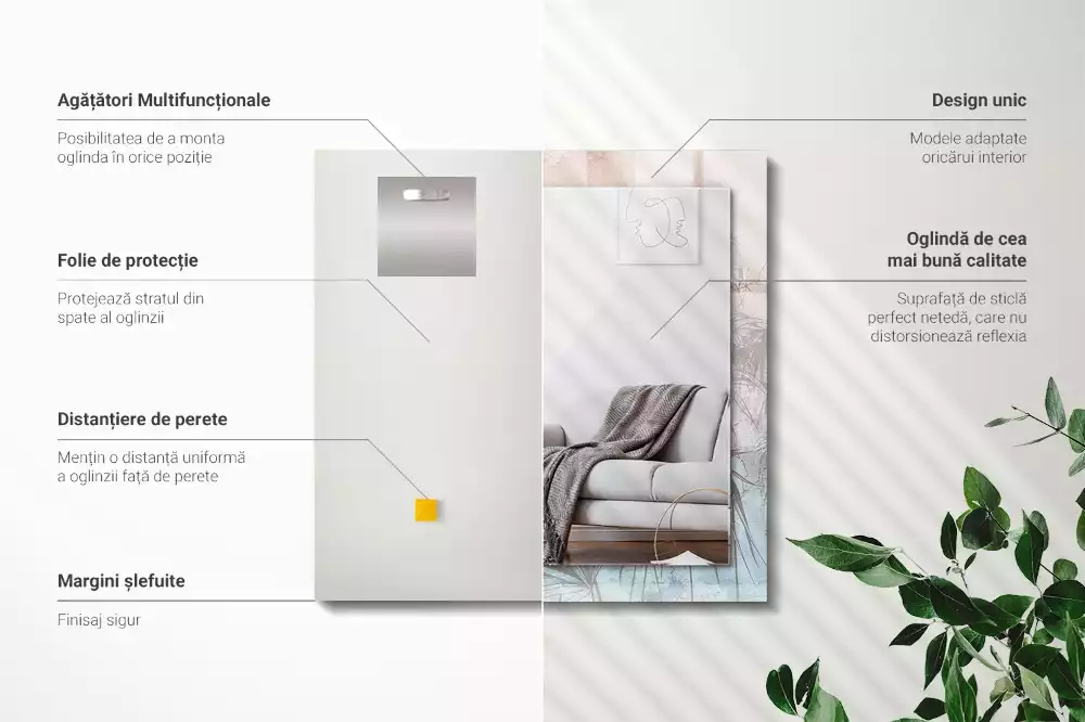 Négyszögletes dísztükör Pasztell növények