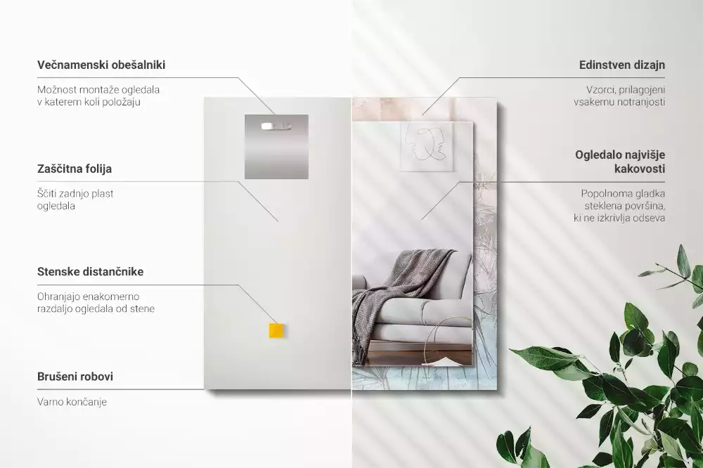 Négyszögletes dísztükör Pasztell növények