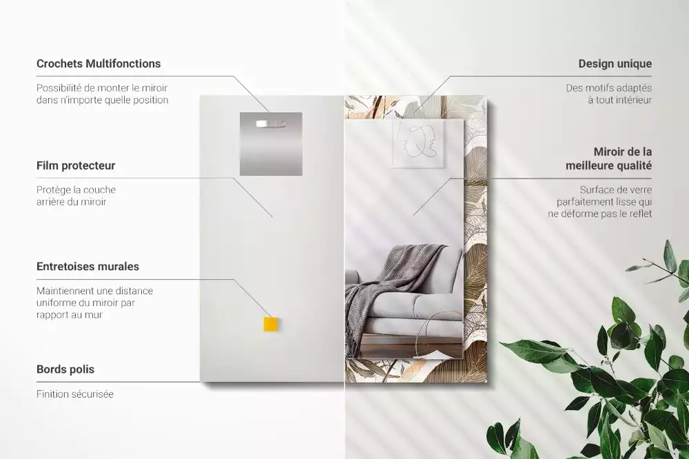 Négyszögletes dísztükör Trópusi mintázatú levelek