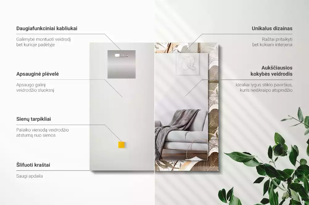 Négyszögletes dísztükör Trópusi mintázatú levelek