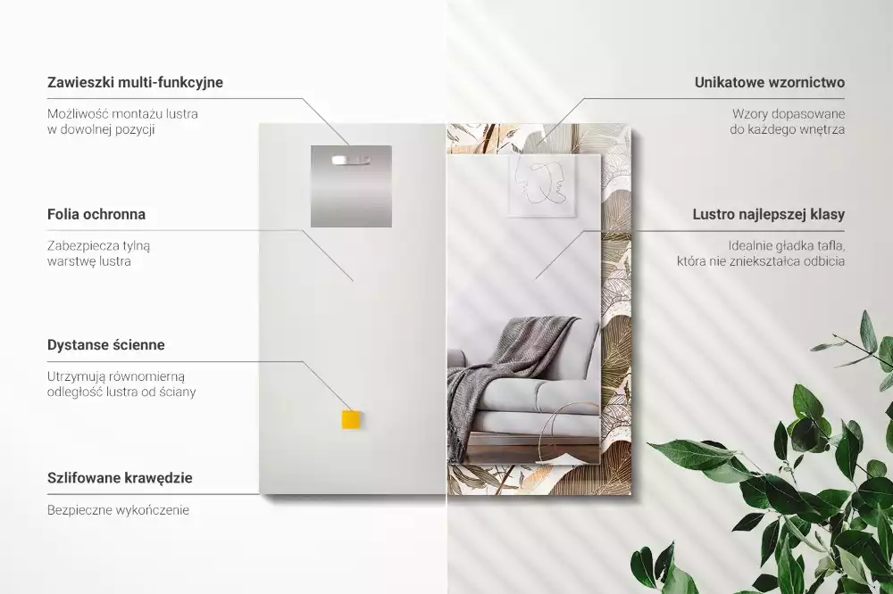 Négyszögletes dísztükör Trópusi mintázatú levelek