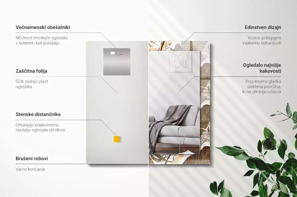 Négyszögletes dísztükör Trópusi mintázatú levelek