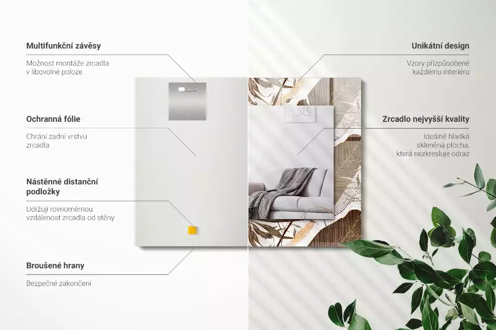 Négyszögletes dísztükör Trópusi mintázatú levelek