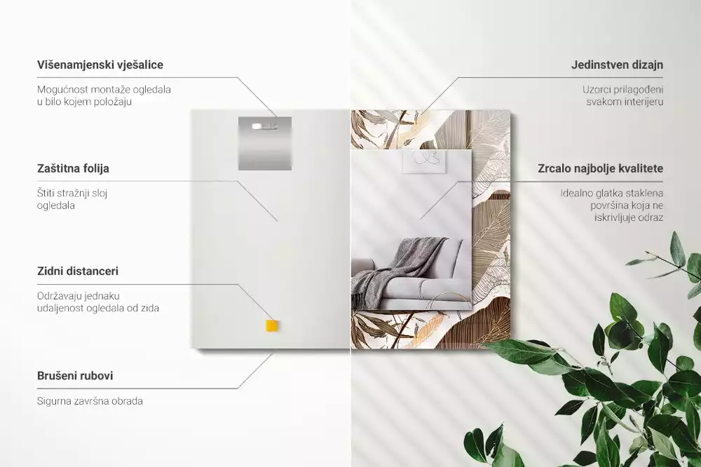 Négyszögletes dísztükör Trópusi mintázatú levelek