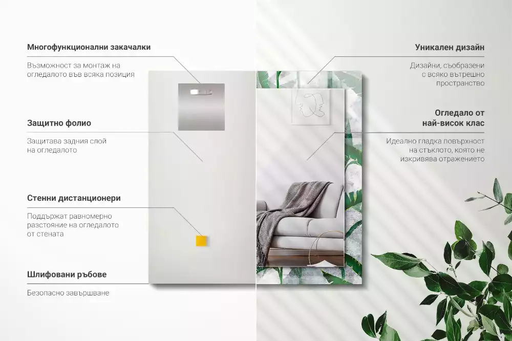 Négyszögletes dísztükör A növény zöld levelei