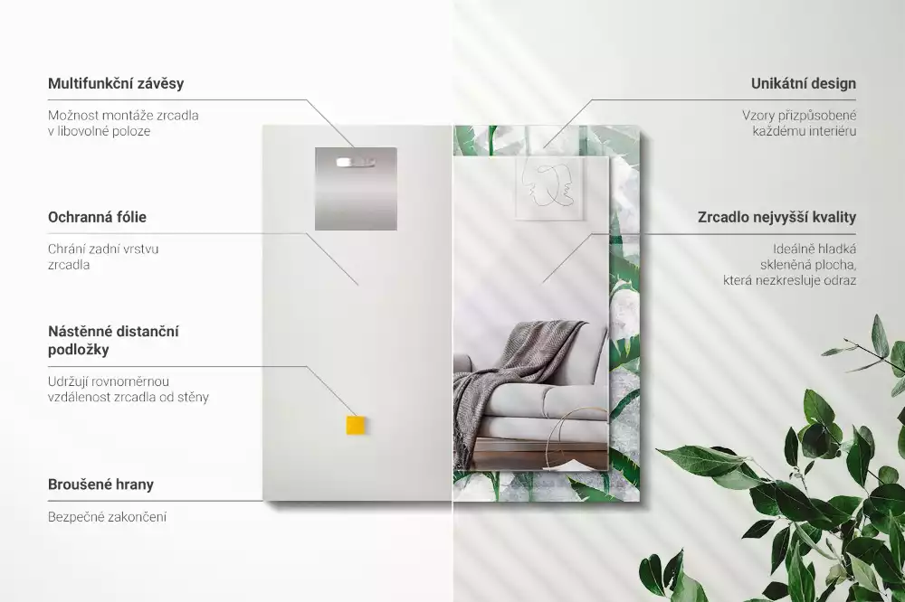 Négyszögletes dísztükör A növény zöld levelei