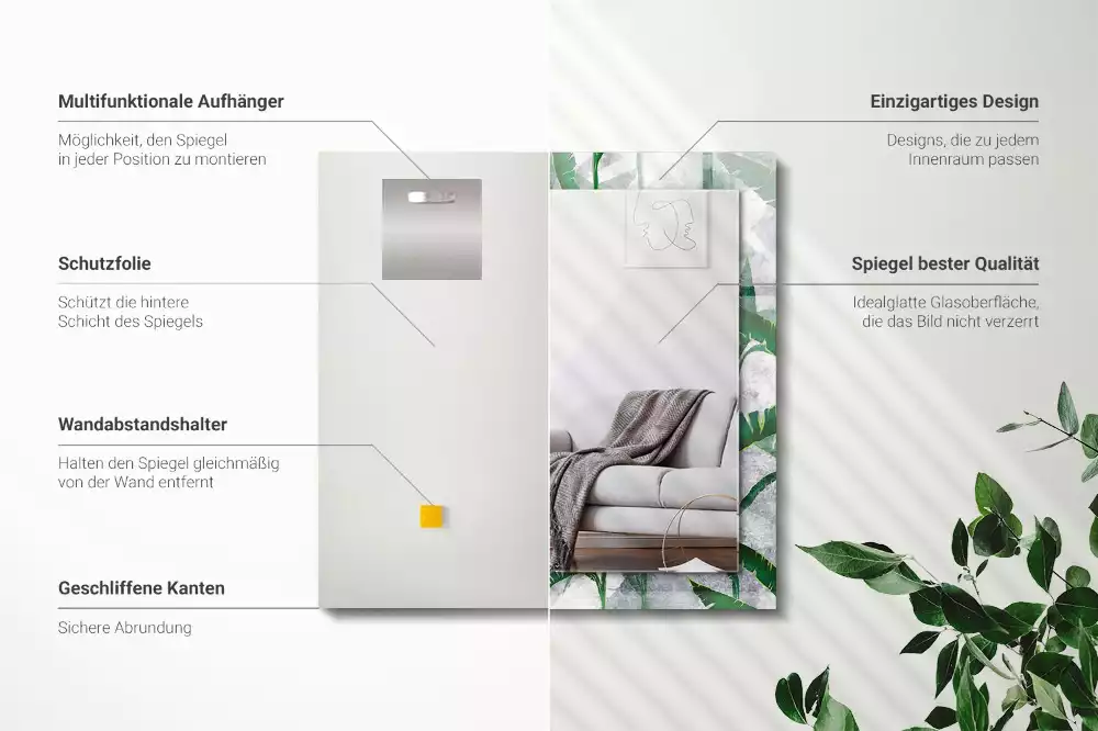 Négyszögletes dísztükör A növény zöld levelei