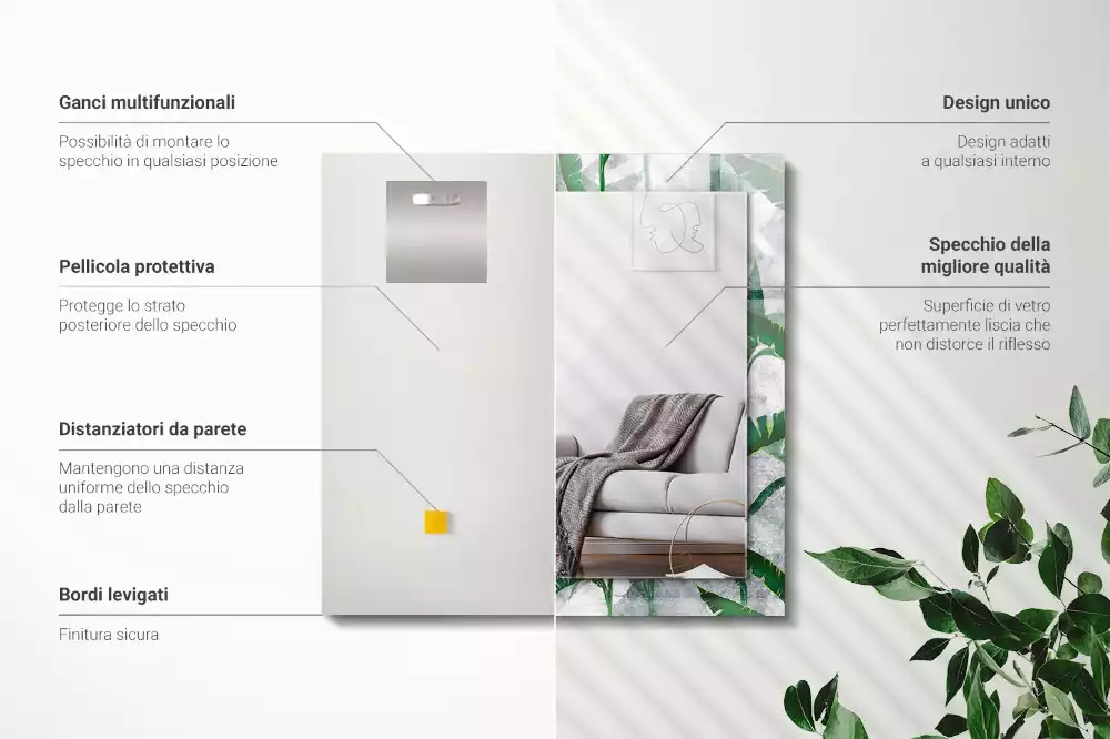 Négyszögletes dísztükör A növény zöld levelei