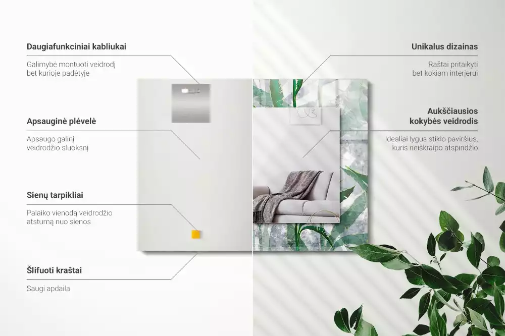 Négyszögletes dísztükör A növény zöld levelei