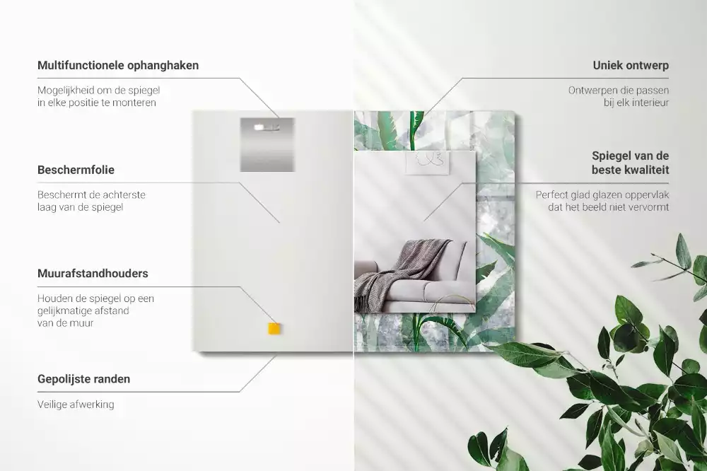 Négyszögletes dísztükör A növény zöld levelei