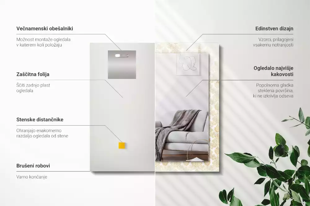 Négyszögletes dísztükör Sárga díszek