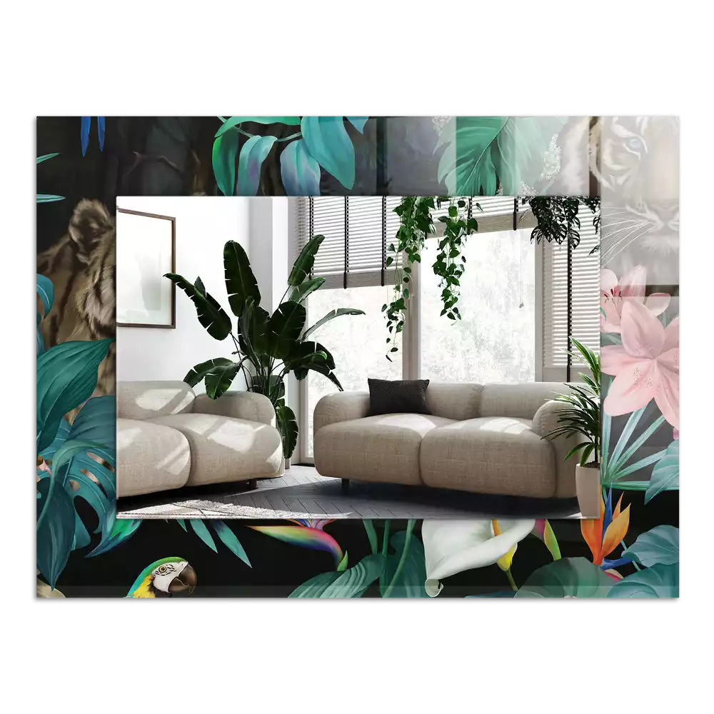 Négyszögletes dísztükör Tigrisek papagájok dzsungelében