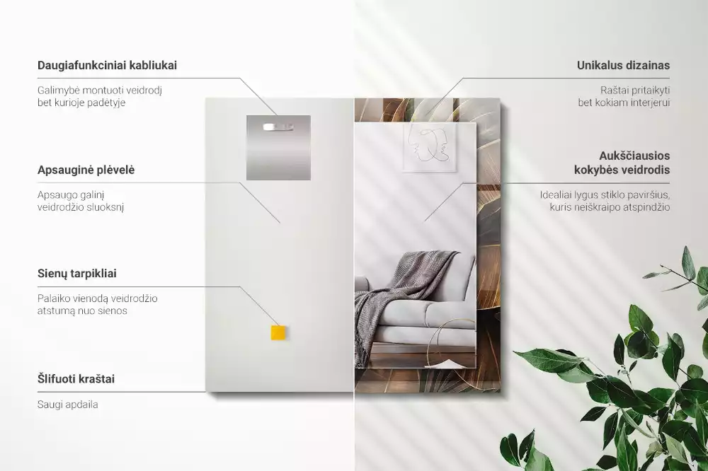 Négyszögletes dísztükör trópusi levelek