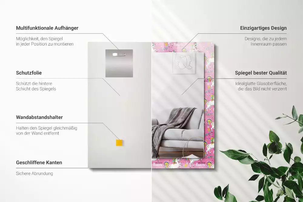 Négyszögletes dísztükör Unikornisok szivárvány szívét