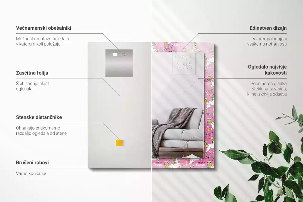 Négyszögletes dísztükör Unikornisok szivárvány szívét