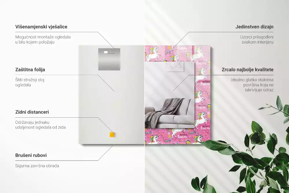 Négyszögletes dísztükör Unikornisok szivárvány szívét