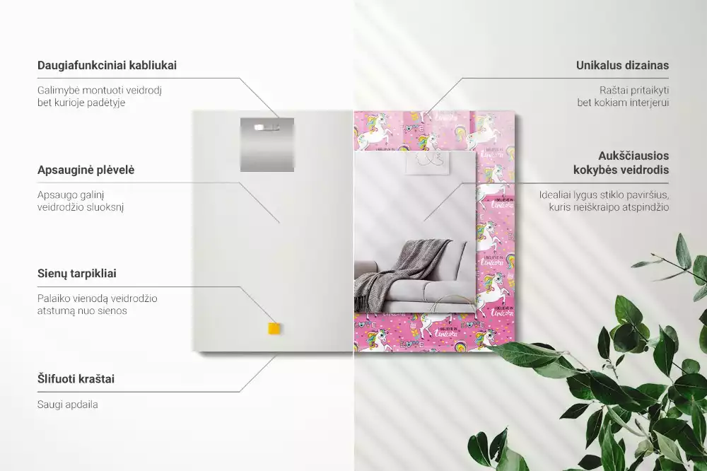 Négyszögletes dísztükör Unikornisok szivárvány szívét