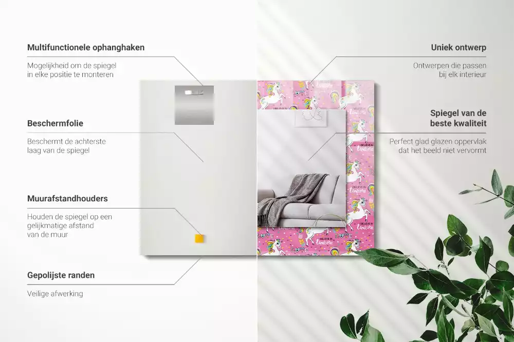 Négyszögletes dísztükör Unikornisok szivárvány szívét