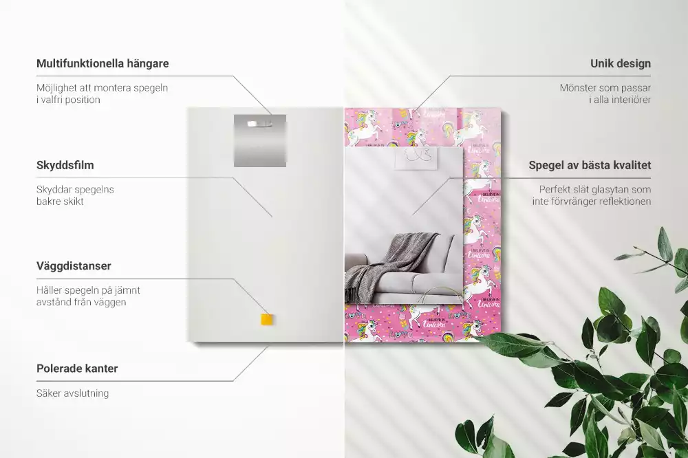 Négyszögletes dísztükör Unikornisok szivárvány szívét