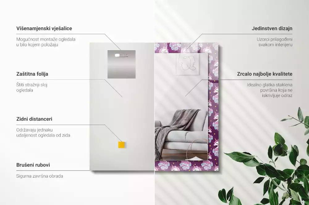 Négyszögletes dísztükör Unikornis csillagok betűkkel