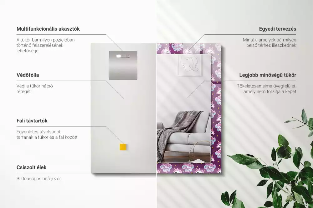 Négyszögletes dísztükör Unikornis csillagok betűkkel