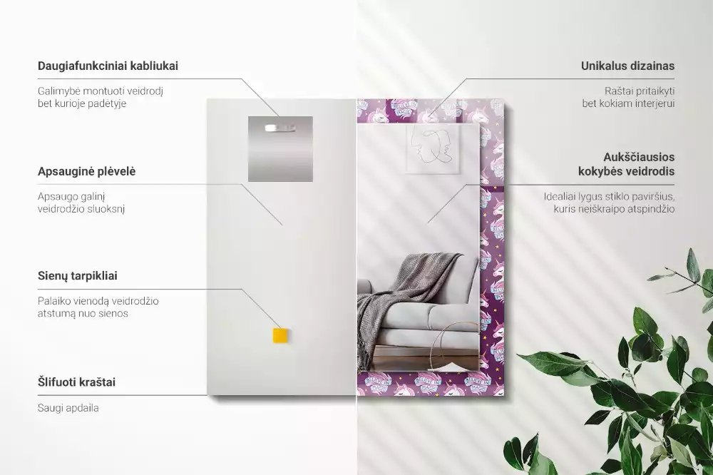 Négyszögletes dísztükör Unikornis csillagok betűkkel